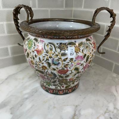 Decorative Chinese pot with metal rim and handles