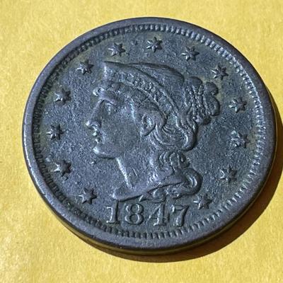 1847 VERY FINE CONDITION BRAIDED HAIR LARGE CENT TYPE COIN AS PICTURED.