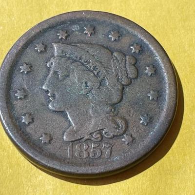 SCARCE LAST YEAR 1857 FINE CONDITION BRAIDED HAIR LARGE CENT TYPE COIN AS PICTURED.