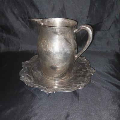 SILVER PLATE PIECES-WATER PITCHER-CUPS-NAPKIN RINGS AND PLATTER