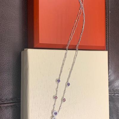 14k White Gold / Pearl Shape Blue Sapphire Necklace w/ Color Stones & Diamond