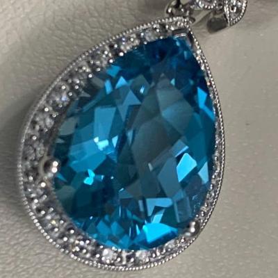14k White Gold / Pearl Shape Blue Sapphire Necklace w/ Color Stones & Diamond