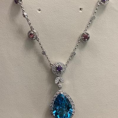 14k White Gold / Pearl Shape Blue Sapphire Necklace w/ Color Stones & Diamond