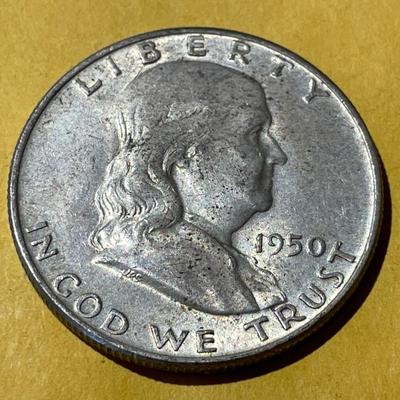 1950-D EF/AU CONDITION FRANKLIN SILVER HALF DOLLAR AS PICTURED.