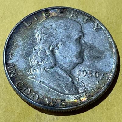 1950-P AU CONDITION FRANKLIN SILVER HALF DOLLAR AS PICTURED.