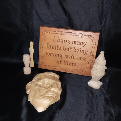HAND CARVED FIGURINS AND WOODEN SIGN