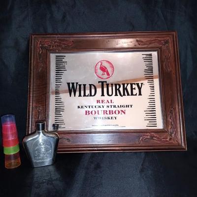FRAMED WILD TURKEY MIRROR-CROWN ROYAL FLASK AND SHOTS