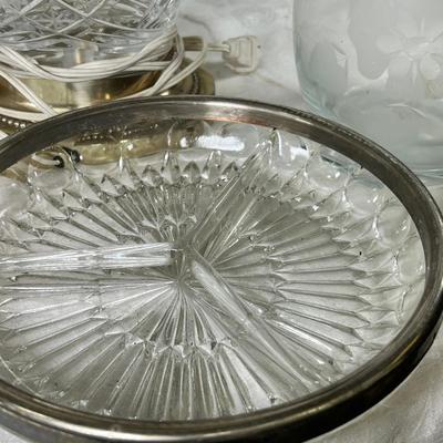 Crystal decanters, Silver plated rim bowl Lidded cystal candy bowls