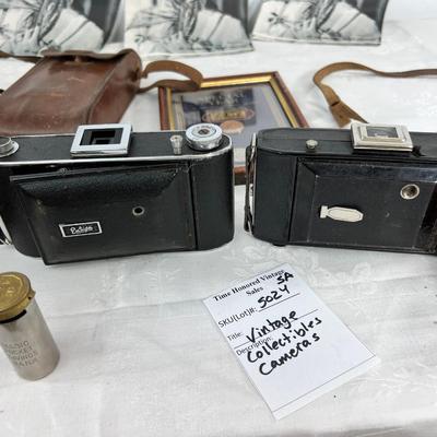 Antique Cameras, cases, 1951 coins, Thermometer