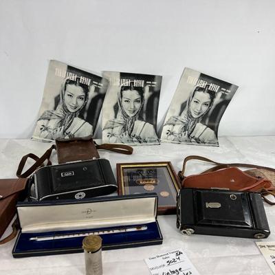 Antique Cameras, cases, 1951 coins, Thermometer