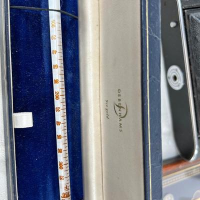 Antique Cameras, cases, 1951 coins, Thermometer