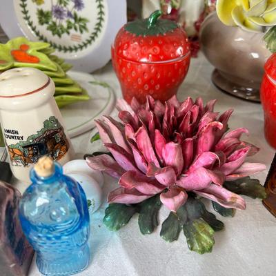 Capodimonte flowers, vases. leaf , vintage glass, fork and spoon salad set