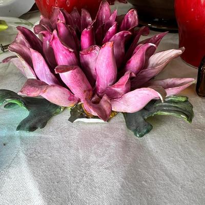 Capodimonte flowers, vases. leaf , vintage glass, fork and spoon salad set