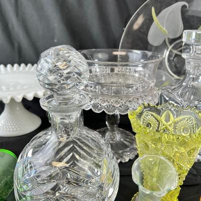 Milk glass cake stand, Pineapple cut crystal decorator and stopper