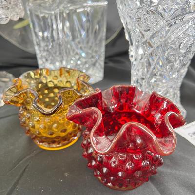 Milk glass cake stand, Pineapple cut crystal decorator and stopper