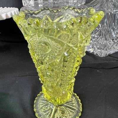 Milk glass cake stand, Pineapple cut crystal decorator and stopper