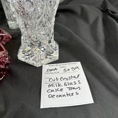 Milk glass cake stand, Pineapple cut crystal decorator and stopper