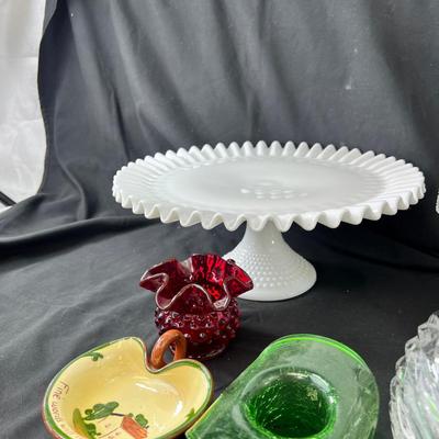 Milk glass cake stand, Pineapple cut crystal decorator and stopper