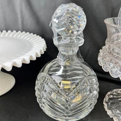 Milk glass cake stand, Pineapple cut crystal decorator and stopper