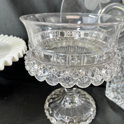 Milk glass cake stand, Pineapple cut crystal decorator and stopper