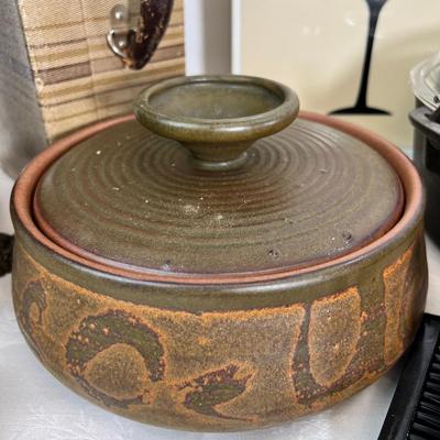 Ceramics, indigenous, stoneware, antique metal ash carrier