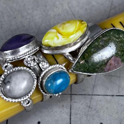 (5) Silver Rings with Various Stones in Each 