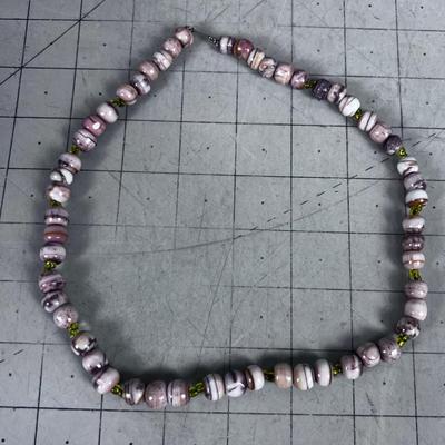 Pink and Brown Stone Necklace with Yellow Glass Bead 