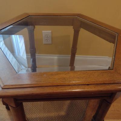Six-Sided Wood Finish Side Table with Glass Insert