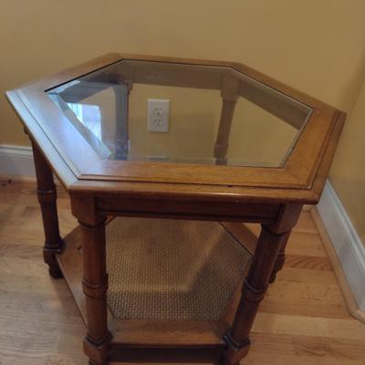 Six-Sided Wood Finish Side Table with Glass Insert