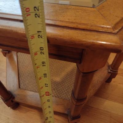 Six-Sided Wood Finish Side Table with Glass Insert