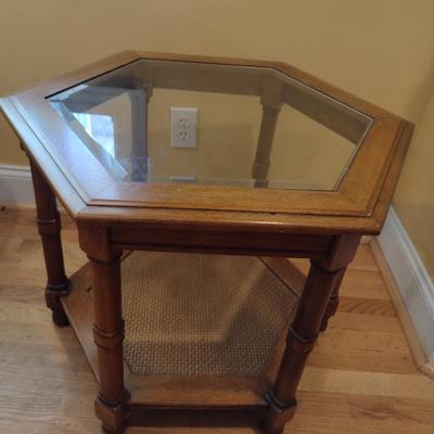 Six-Sided Wood Finish Side Table with Glass Insert