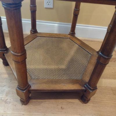 Six-Sided Wood Finish Side Table with Glass Insert