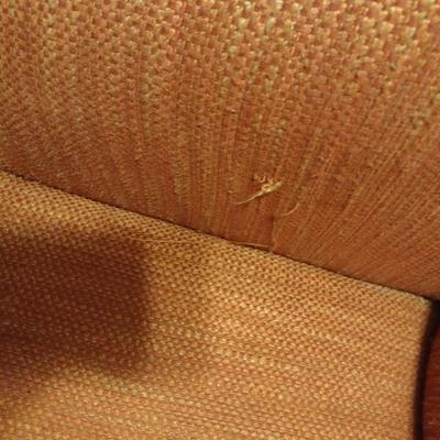 Camel Back Upholstered Loveseat with Brass Tack Accents