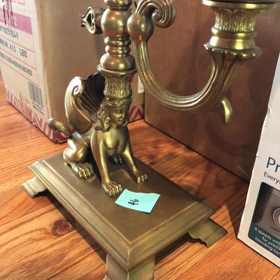 Vintage Brass Sphinx Candle Stick Holder with Glass Dome