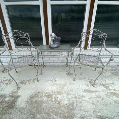 Set of Three Patio Furniture Lot, Two Chairs and Small Table