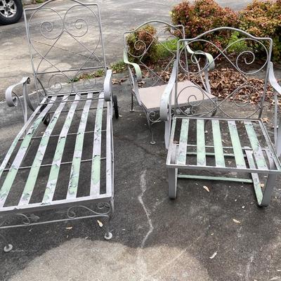 Wrought Iron Patio Furniture Two Chairs and One Lounger w Cushions