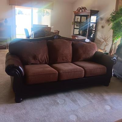 CHOCOLATE BROWN LEATHER & UPHOLSTERY SOFA