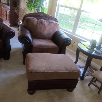 CHOCOLATE BROWN LEATHER & UPHOLSTERY CHAIR WITH OTTOMAN