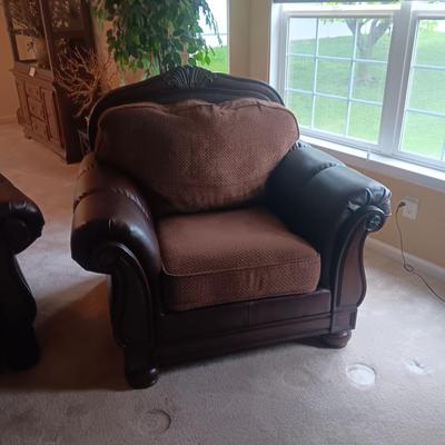 CHOCOLATE BROWN LEATHER & UPHOLSTERY CHAIR WITH OTTOMAN