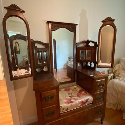 Antique Walnut Vanity with Swivel Mirror and Seat