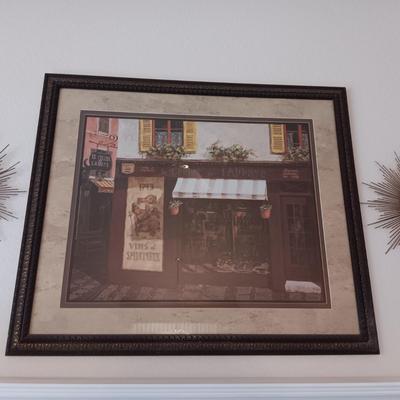 FRAMED PICTURE OF AN ITALIAN NEIGHBORHOOD AND 2 STEEL & MIRRORED SUNBURSTS WIT