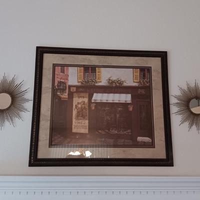 FRAMED PICTURE OF AN ITALIAN NEIGHBORHOOD AND 2 STEEL & MIRRORED SUNBURSTS WIT