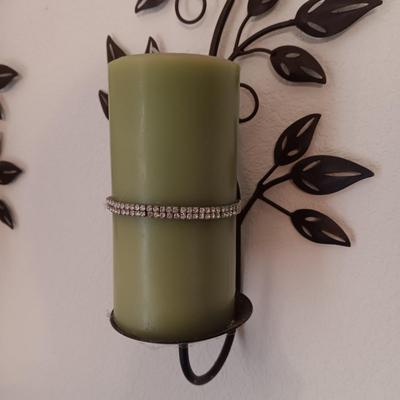 METAL LEAF WALL SCONCES WITH RHINESTONE BANDED CANDLES