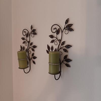 METAL LEAF WALL SCONCES WITH RHINESTONE BANDED CANDLES