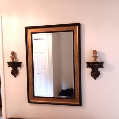 BEVELED WALL MIRROR, 2 WALL SCONCES AND 2 GOLD BUSTS