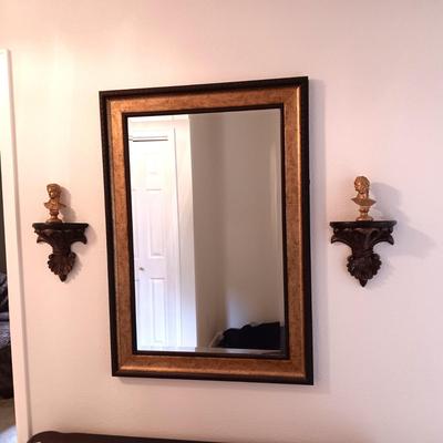 BEVELED WALL MIRROR, 2 WALL SCONCES AND 2 GOLD BUSTS