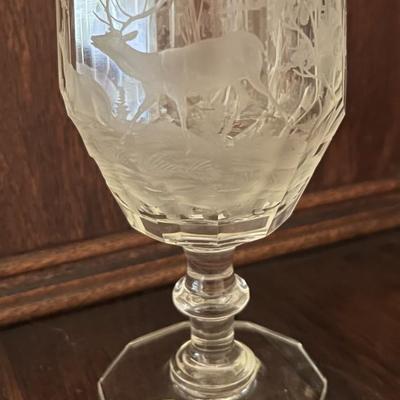 Antique Early Hand Etched Leaded Glass Deer Goblet as Pictured.