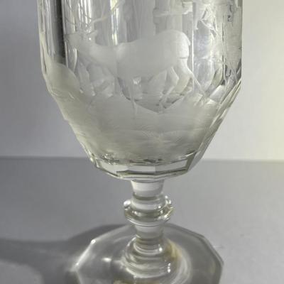 Antique Early Hand Etched Leaded Glass Deer Goblet as Pictured.