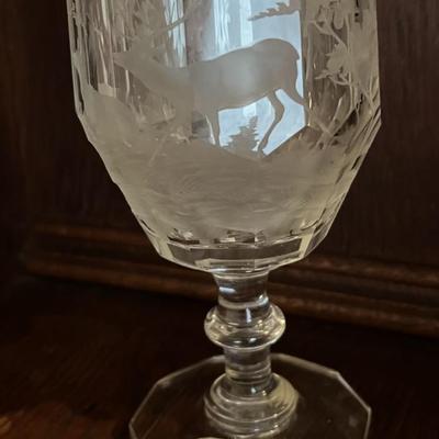 Antique Early Hand Etched Leaded Glass Deer Goblet as Pictured.