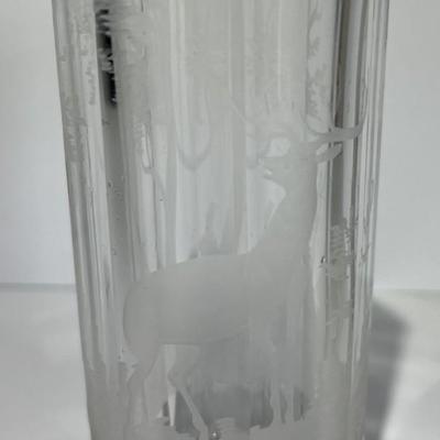 Antique Early Hand Etched Leaded DEER Scene Small Water Glass 5-1/2" Tall as Pictured.